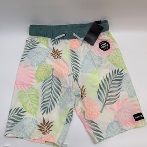 Hurley Kids Boys Swim‎ Trunks Shorts Large L Pale Ivory Tropical Pineapple Leaf
